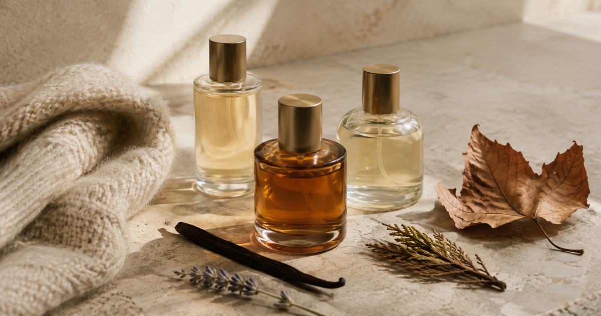 Trzy flakony perfum obok wanilii, lawendy, jesiennego liścia i wełnianej tkaniny
