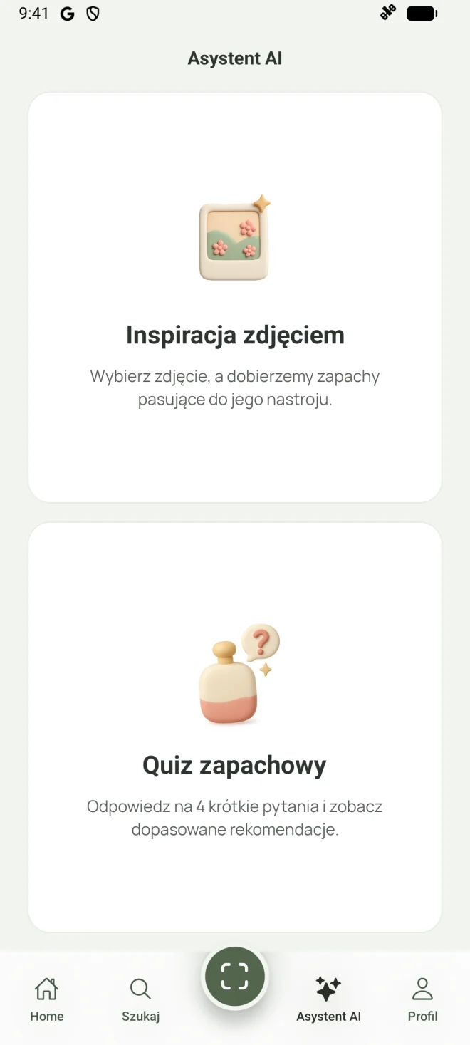 Asystent AI w Scenzie z quizem i inspiracją zdjęciem