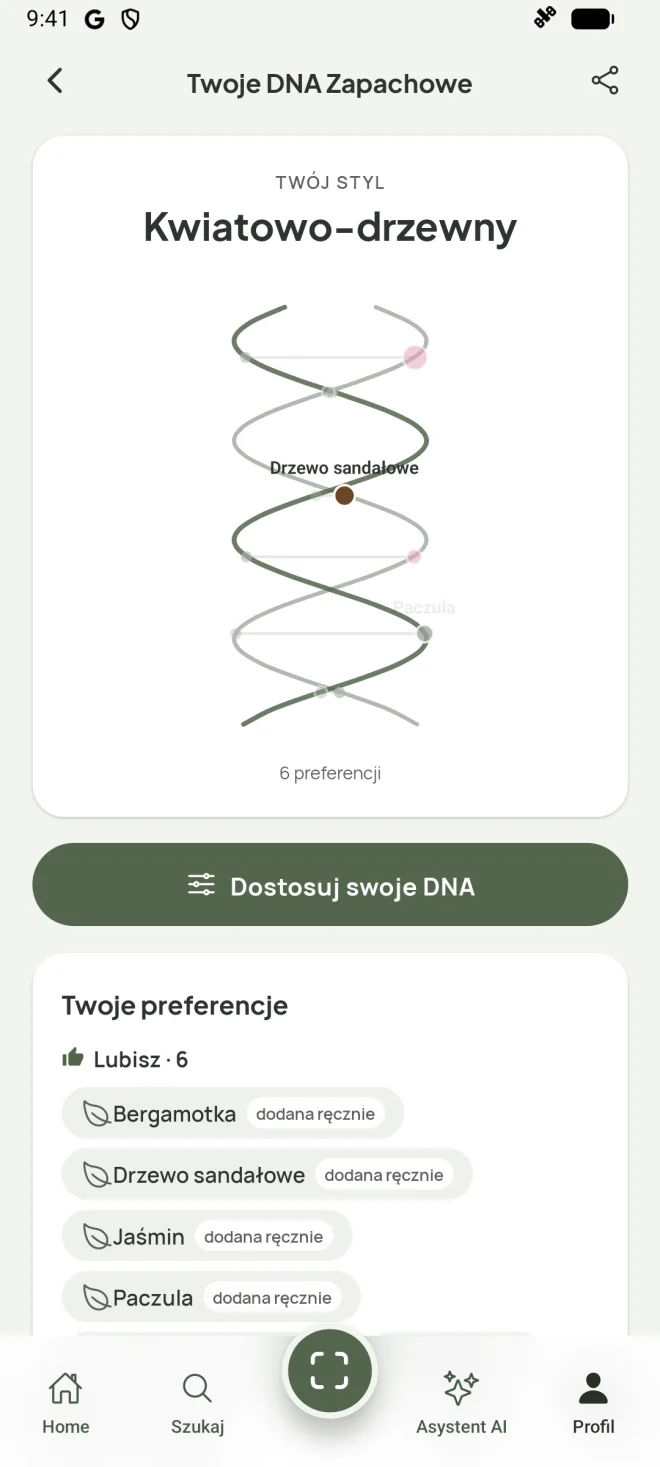 Profil zapachowego DNA i preferencje nut w aplikacji Scenza